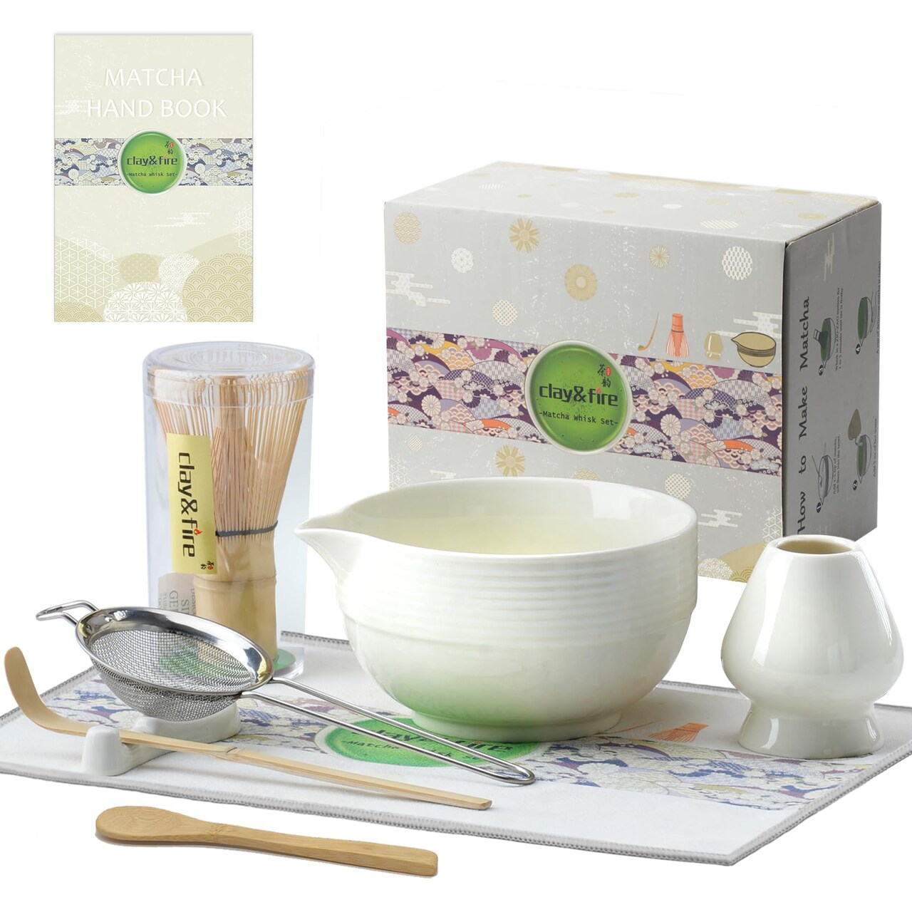 Matcha Whisk Set, Ceramic Matcha Set, Matcha Bowl with Spout and Whisk,9 pcs Matcha Tea Kit for Matcha Lovers, Ideal Gift Christmas, Birthday(Beige)